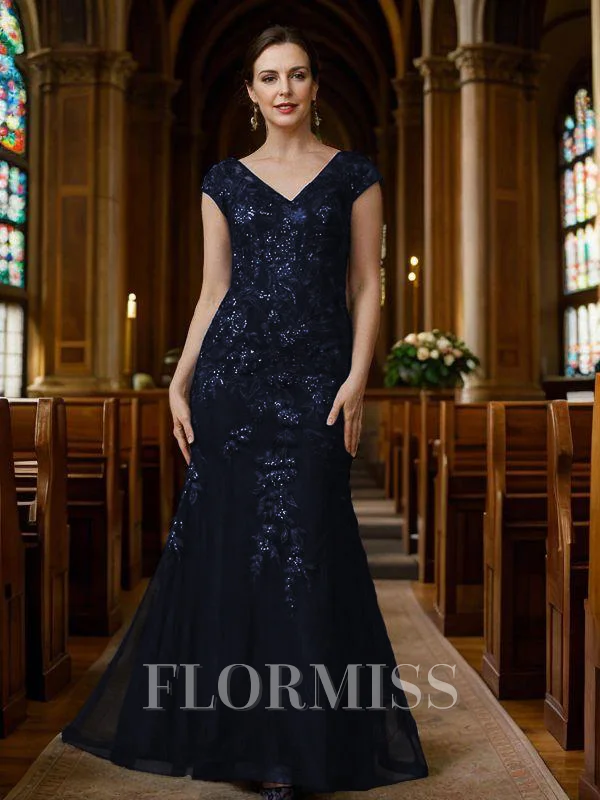 Sheath/Column Tulle Applique V-neck Short Sleeves Floor-Length Mother of the Bride Dresses