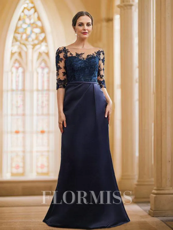 Sheath/Column Satin Applique Bateau 1/2 Sleeves Sweep Train Mother of the Bride Dresses