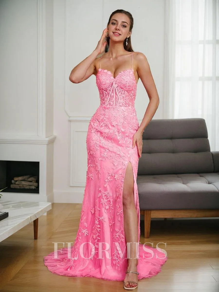 Sheath Spaghetti Straps Appliques Lace Sweep Train Tulle Corset Porm Dress