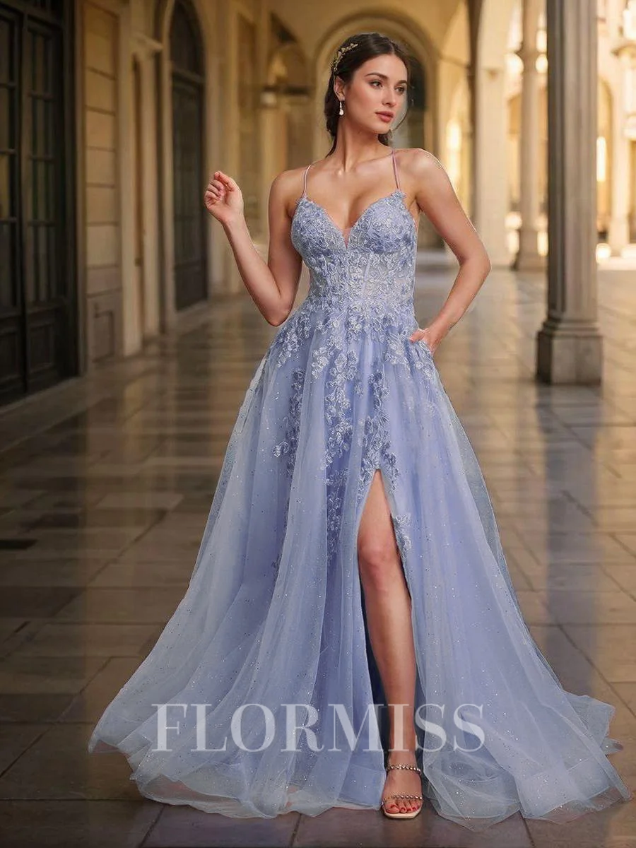 A-line V-neck Appliques Lace Sweep Train Corset Porm Dress