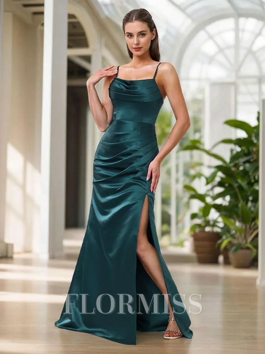 Sheath Spaghetti Straps Pleated Floor-Length Satin Porm Dress