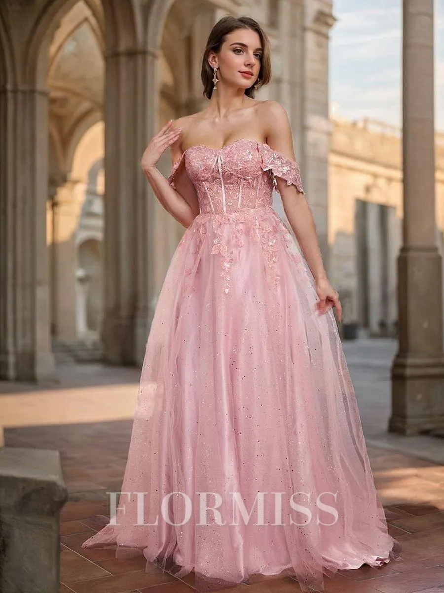 A-line Off-the-Shoulder Appliques Lace Sweep Train Corset Porm Dress
