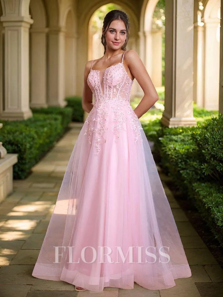 A-line Spaghetti Straps Appliques Lace Floor-Length Tulle Corset Porm Dress