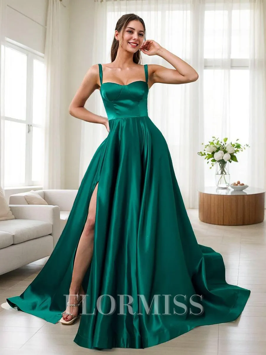 A-line Straps Floor-Length Satin Porm Dress