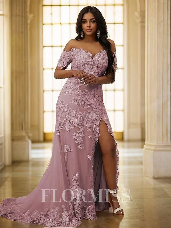 Sheath/Column Tulle Applique Off-the-Shoulder Sleeveless Sweep Train Porm Dress