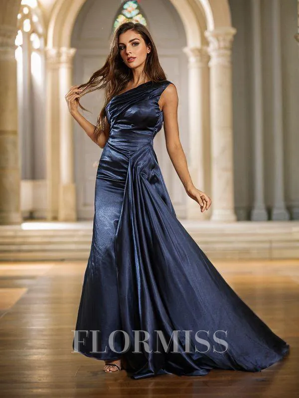 Sheath/Column Silk Like Satin Ruffles One-Shoulder Sleeveless Sweep Train Porm Dress