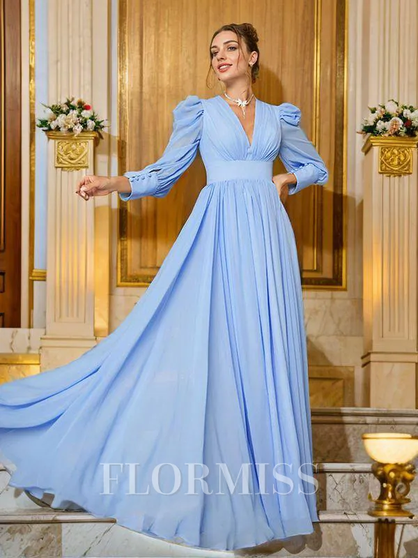 A-Line/Princess Chiffon Ruched V-neck Long Sleeves Floor-Length Porm Dress