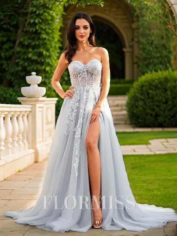 A-Line/Princess Tulle Applique Sweetheart Sleeveless Court Train Porm Dress