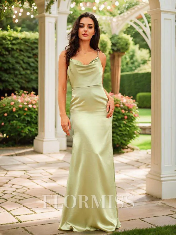 Sheath/Column Silk like Satin Ruched Spaghetti Straps Sleeveless Floor-Length Porm Dress