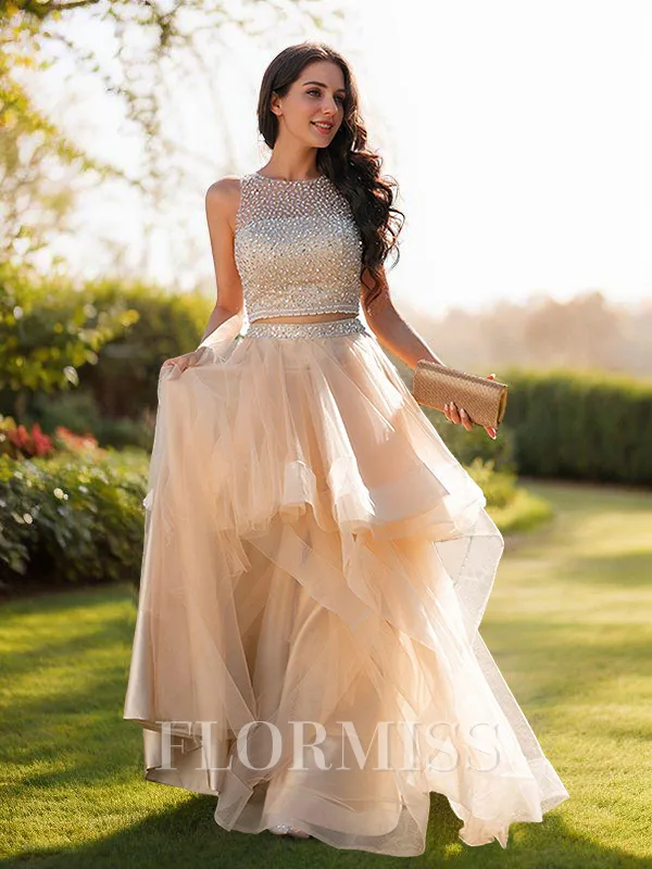 A-Line/Princess Tulle Beading Scoop Sleeveless Floor-Length Two Piece Porm Dress