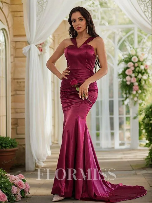 Sheath/Column Silk like Satin Ruched Halter Sleeveless Sweep Train Porm Dress