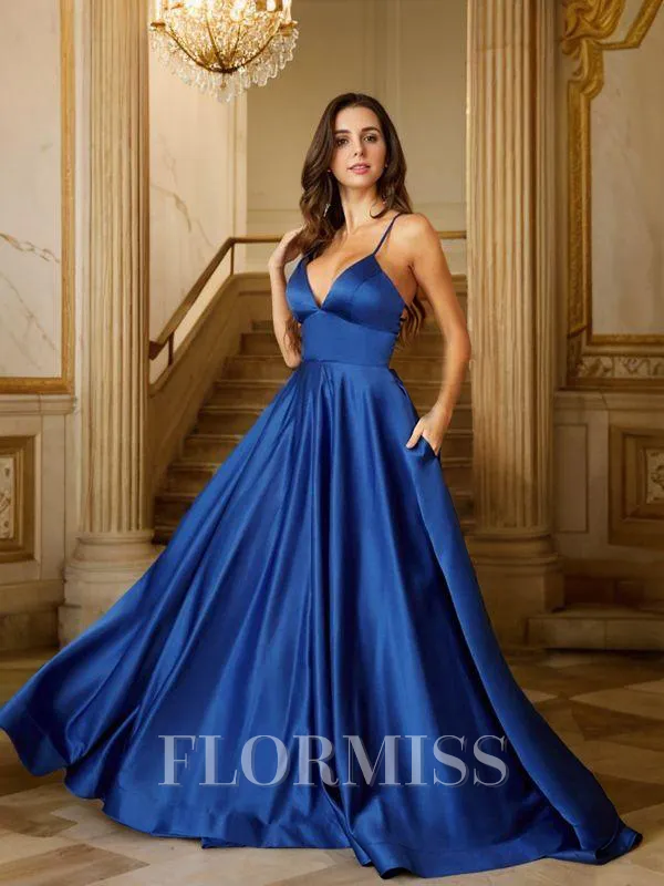 A-Line/Princess Satin Ruffles V-neck Sleeveless Sweep Train Porm Dress