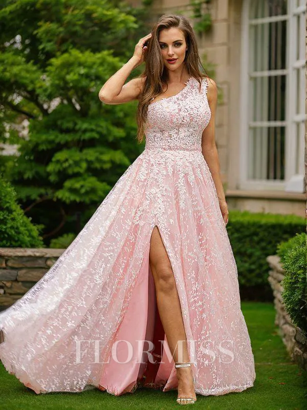 A-Line/Princess Lace Ruffles One-Shoulder Sleeveless Sweep Train Porm Dress