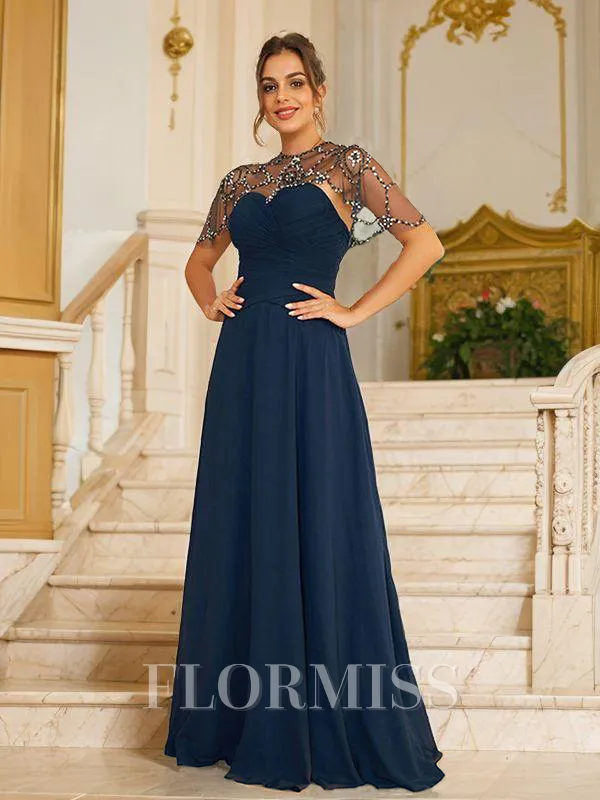 A-Line/Princess Chiffon Beading Scoop Short Sleeves Sweep Train Dresses