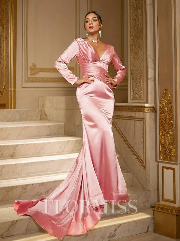 Sheath/Column Silk like Satin Ruched V-neck Long Sleeves Sweep Train Dresses