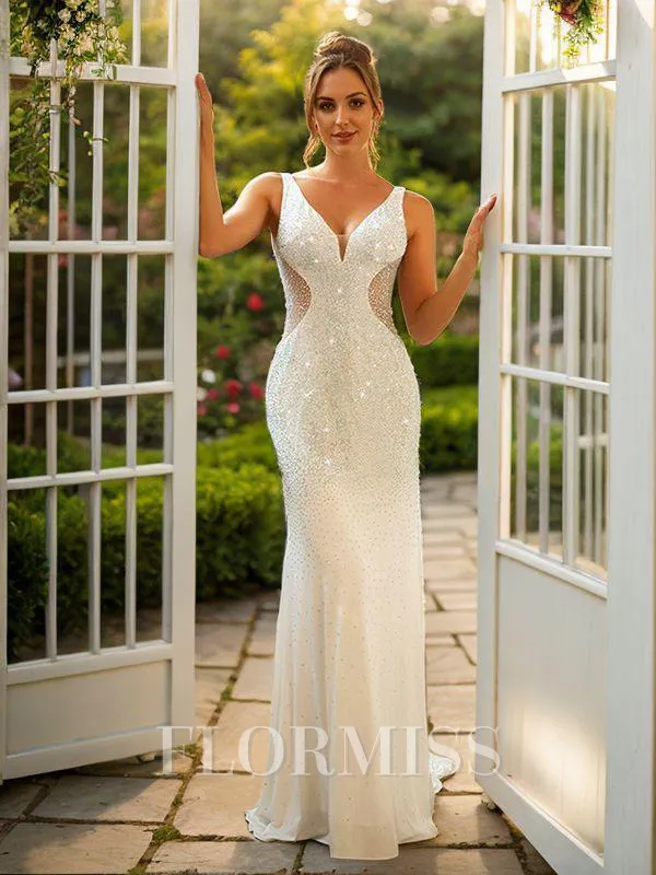 Sheath/Column Jersey Beading V-neck Sleeveless Sweep Train Dresses
