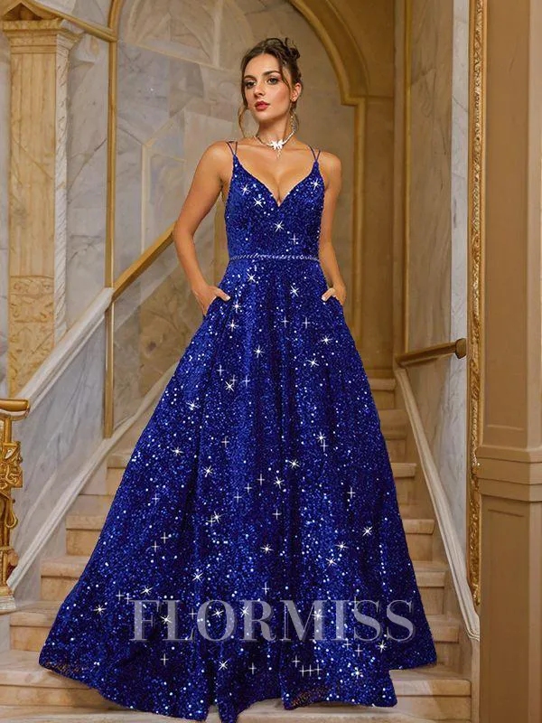 A-Line/Princess Velvet Sequins Paillette V-neck Sleeveless Sweep Train Dresses