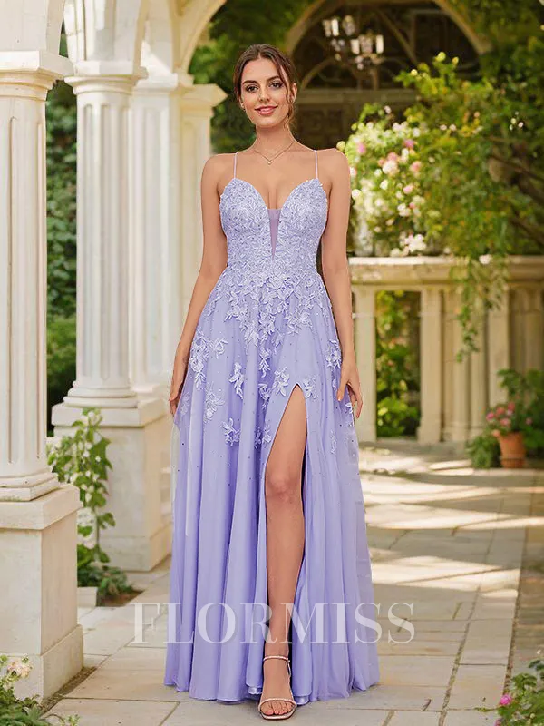 A-Line/Princess Tulle Applique V-neck Sleeveless Floor-Length Porm Dress