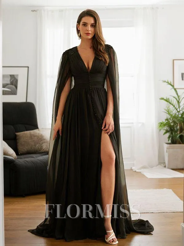 A-Line/Princess 30D Chiffon Ruched V-neck Long Sleeves Floor-Length Porm Dress