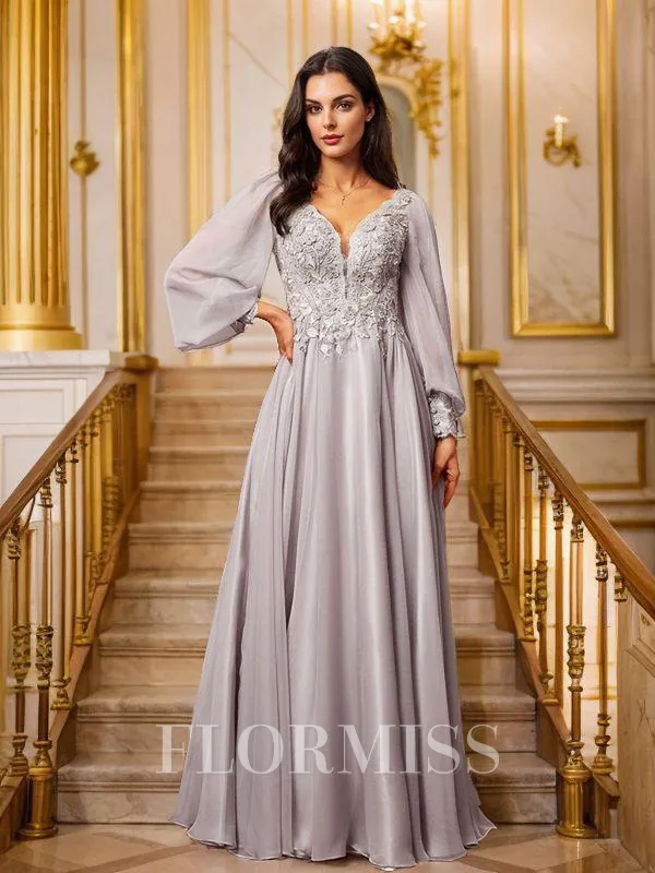 A-Line/Princess 30D Chiffon Applique V-neck Long Sleeves Floor-Length Porm Dress