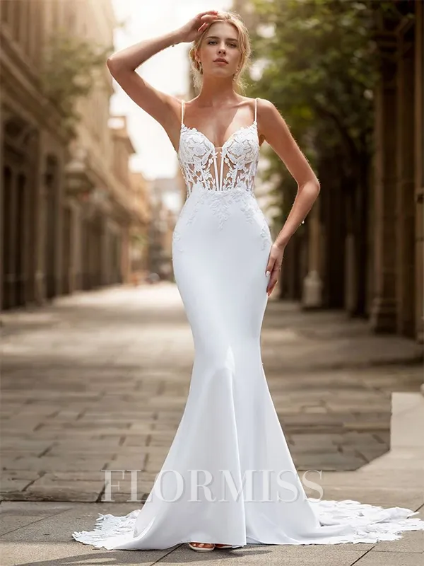 Sheath Stretch Crepe Appliques Lace V-neck Sleeveless Cathedral Train Wedding Dress