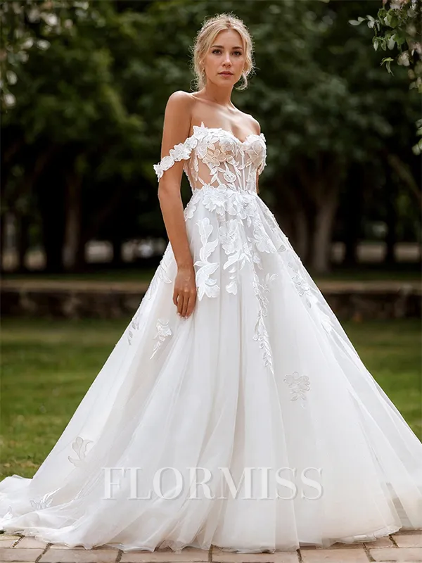 A-line Tulle Appliques Lace Sweetheart Sleeveless Chapel Train Wedding Dress