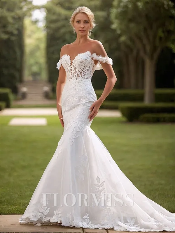 Mermaid Tulle Appliques Lace Off-the-Shoulder Sleeveless Cathedral Train Wedding Dress