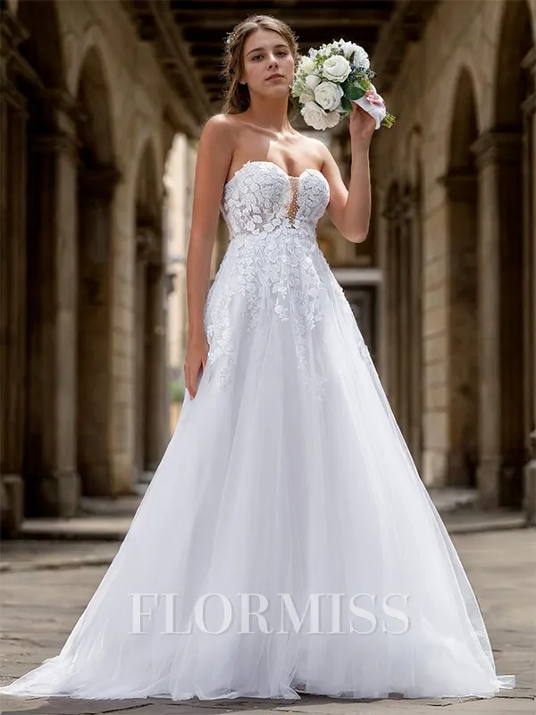 A-line Tulle Appliques Lace Sweetheart Sleeveless Court Train Wedding Dress