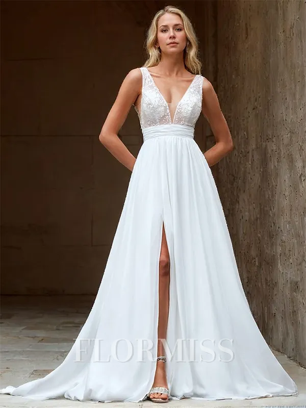 A-line 30D Chiffon Sequin V-neck Sleeveless Court Train Wedding Dress