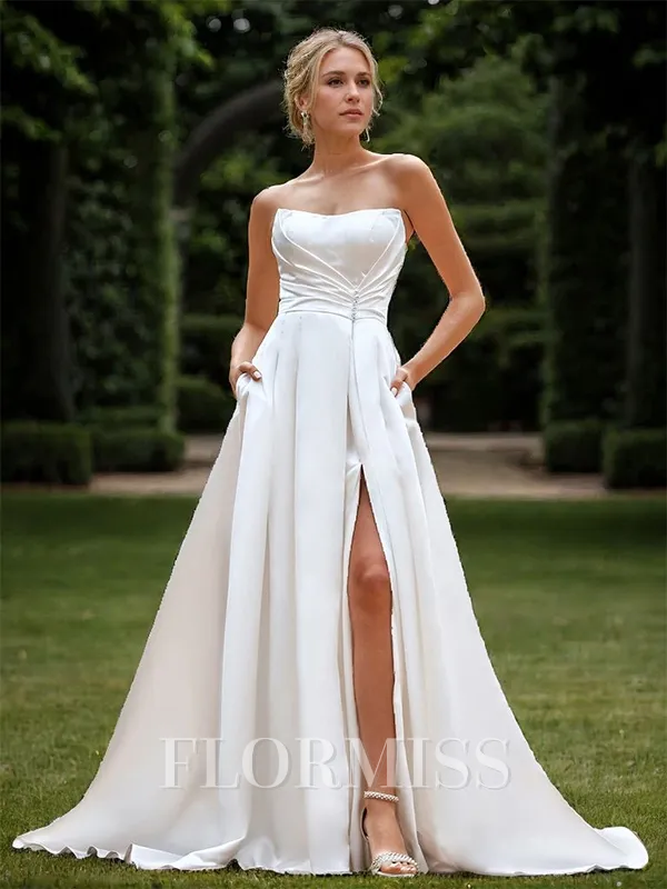 A-line Satin Pleated Straight Sleeveless Court Train Wedding Dress