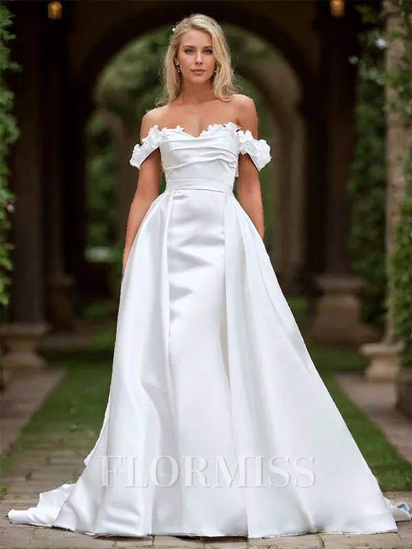 Sheath Satin Flower Off-the-Shoulder Sleeveless Court Train Wedding Dress
