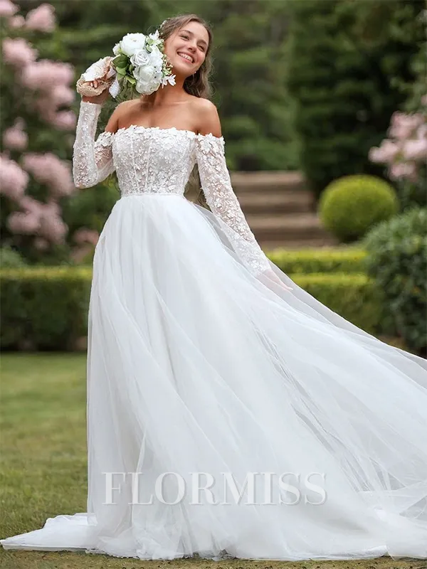 A-line Tulle Appliques Lace Off-the-Shoulder Long Sleeves Chapel Train Wedding Dress