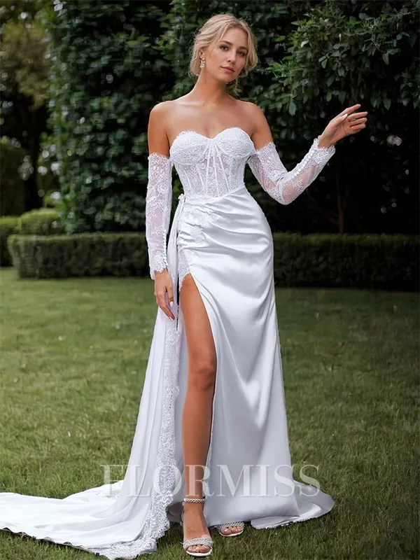 Sheath Appliques Lace Sweetheart Long Sleeves Chapel Train Wedding Dress