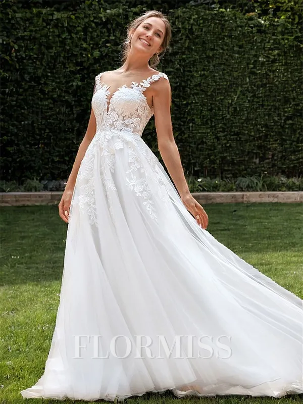 A-line Tulle Appliques Lace Scoop Sleeveless Sweep Train Wedding Dress