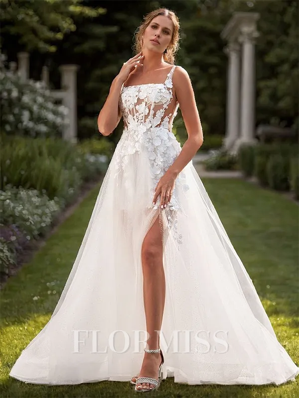 A-line Tulle Appliques Lace Square Sleeveless Court Train Wedding Dress