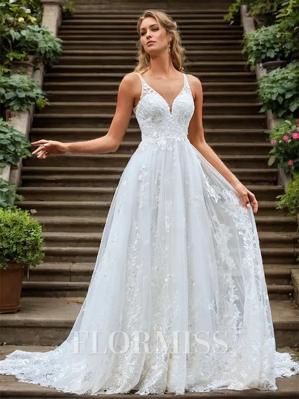 A-line Tulle Appliques Lace V-neck Sleeveless Chapel Train Wedding Dress