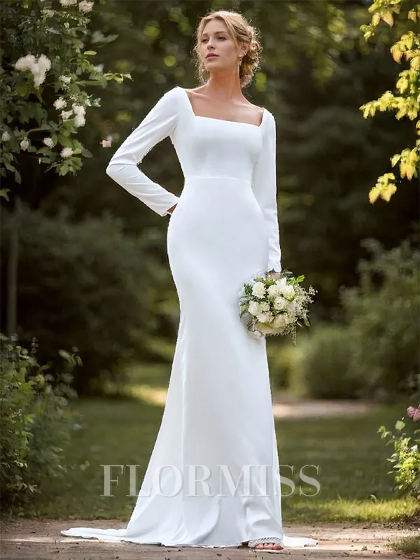 Sheath Charmeuse Square Long Sleeves Sweep Train Wedding Dress