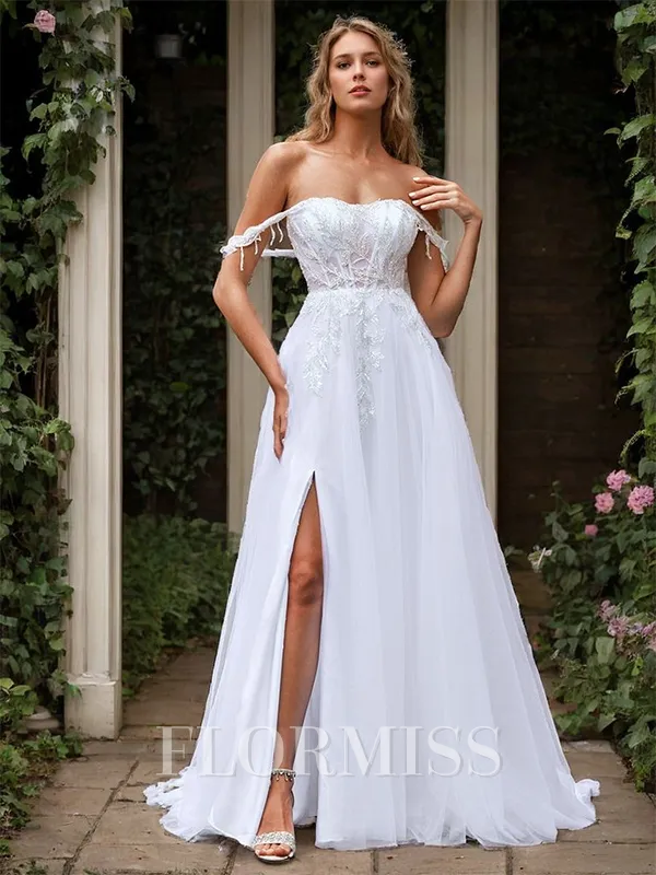 A-line Tulle Appliques Lace Off-the-Shoulder Sleeveless Court Train Wedding Dress
