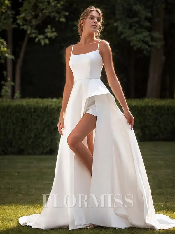 A-line Satin Spaghetti Straps Sleeveless Chapel Train Wedding Dress
