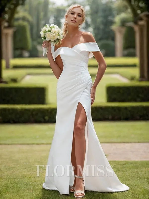 Sheath Satin Pleated Off-the-Shoulder Sleeveless Chapel Train Wedding Dress