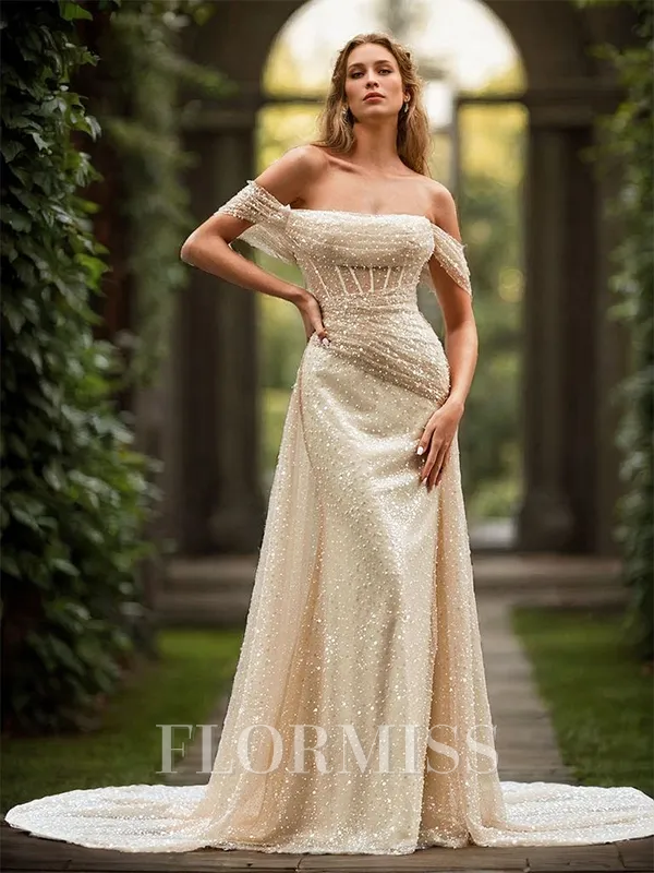 Sheath Other Pleated Off-the-Shoulder Sleeveless Cathedral Train Wedding Dress