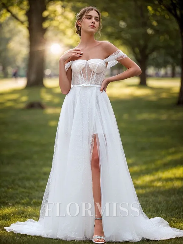 A-line Other Sleeveless Off-the-Shoulder Sleeveless Court Train Wedding Dress