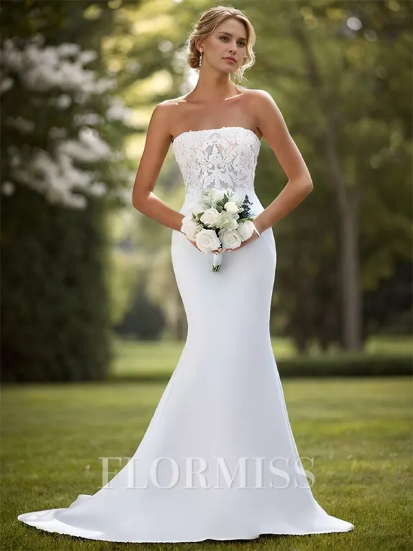 Sheath Satin Appliques Lace Straight Sleeveless Sweep Train Wedding Dress