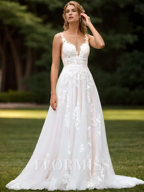 A-line Tulle Appliques Lace Scoop Sleeveless Sweep Train Wedding Dress