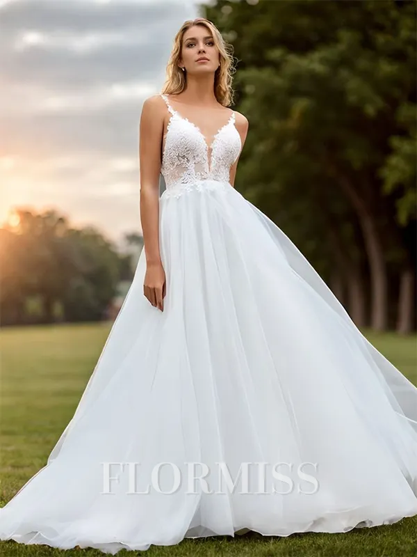 A-line Tulle Appliques Lace V-neck Sleeveless Sweep Train Wedding Dress