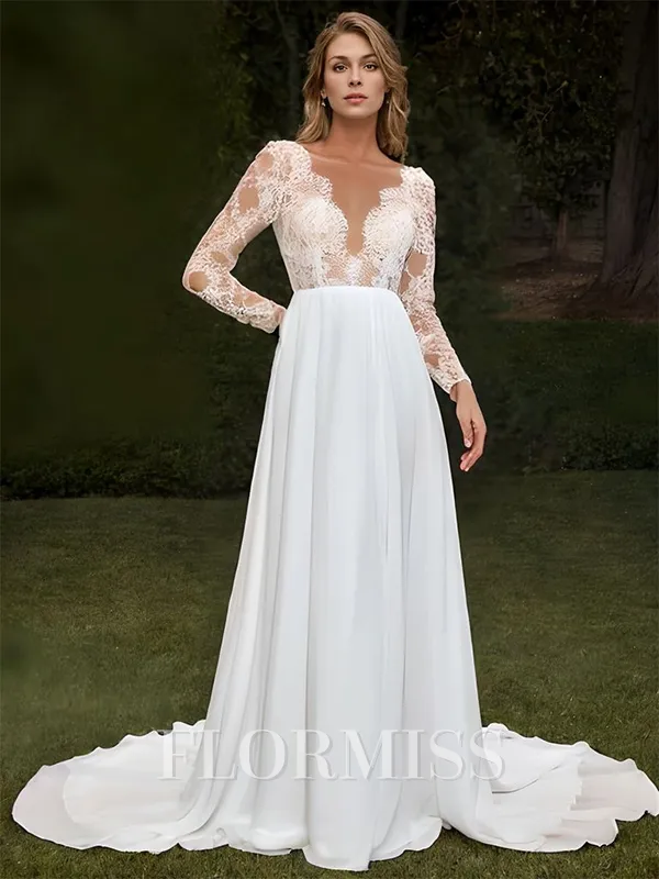 A-line Chiffon Appliques Lace Scoop Long Sleeves Court Train Wedding Dress