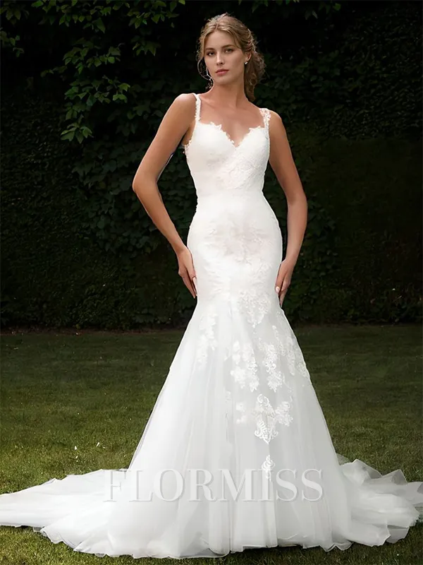 Mermaid Tulle Appliques Lace V-neck Sleeveless Chapel Train Wedding Dress