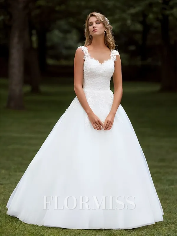 Ball-Gown Tulle Appliques Lace Sweetheart Sleeveless Floor-Length Wedding Dress