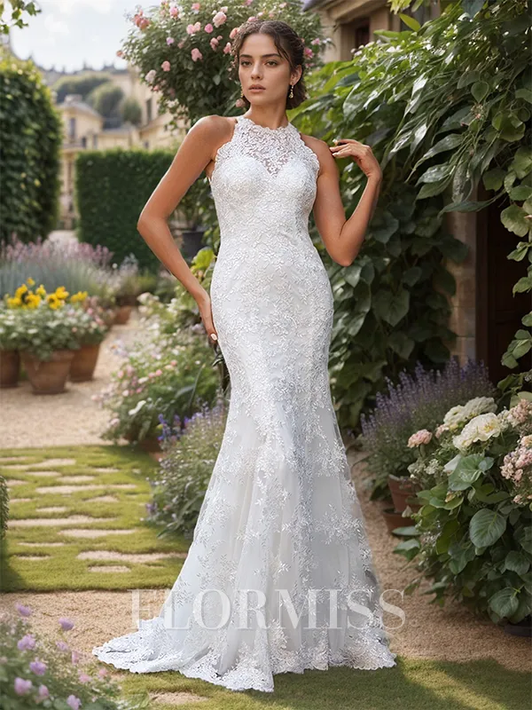 Sheath Lace Scoop Sleeveless Sweep Train Wedding Dress
