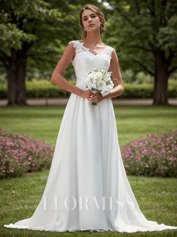 A-line Chiffon Appliques Lace V-neck Sleeveless Sweep Train Wedding Dress
